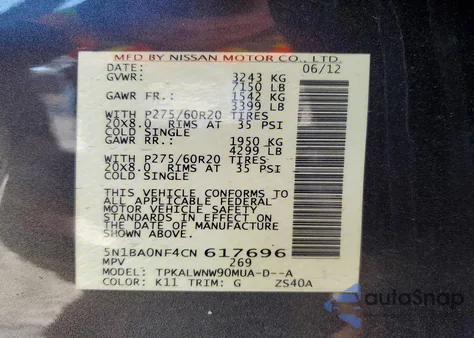 2012 Nissan Armada Sv z USA, uszkodzony, nr VIN 5N1BA0NF4CN617696